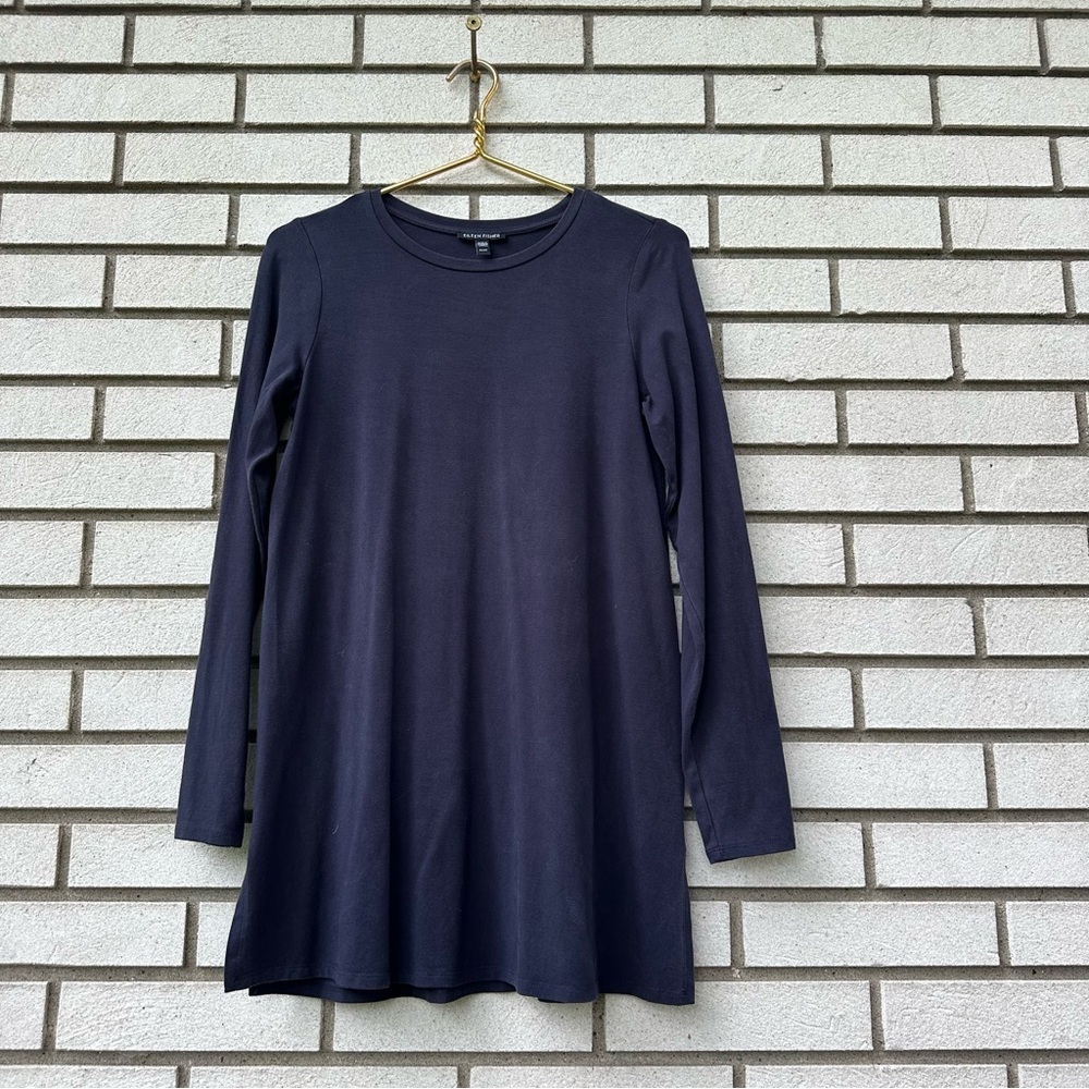 Eileen Fisher Bundle 2 Swing Hem Long Sleeve Jersey Knit Tencel Tops Navy Black